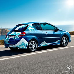A Peugeot 206 painted with a design inspired by 'The Great Wave off Kanagawa' by Hokusai