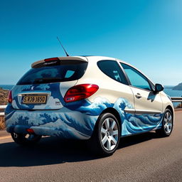 A Peugeot 206 painted with a design inspired by 'The Great Wave off Kanagawa' by Hokusai