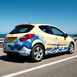 A Peugeot 206 painted with a design inspired by 'The Great Wave off Kanagawa' by Hokusai