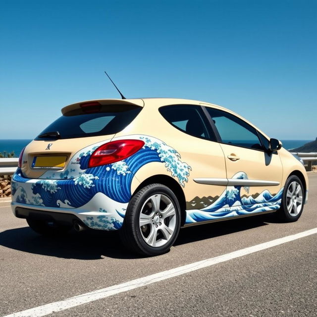 A Peugeot 206 painted with a design inspired by 'The Great Wave off Kanagawa' by Hokusai