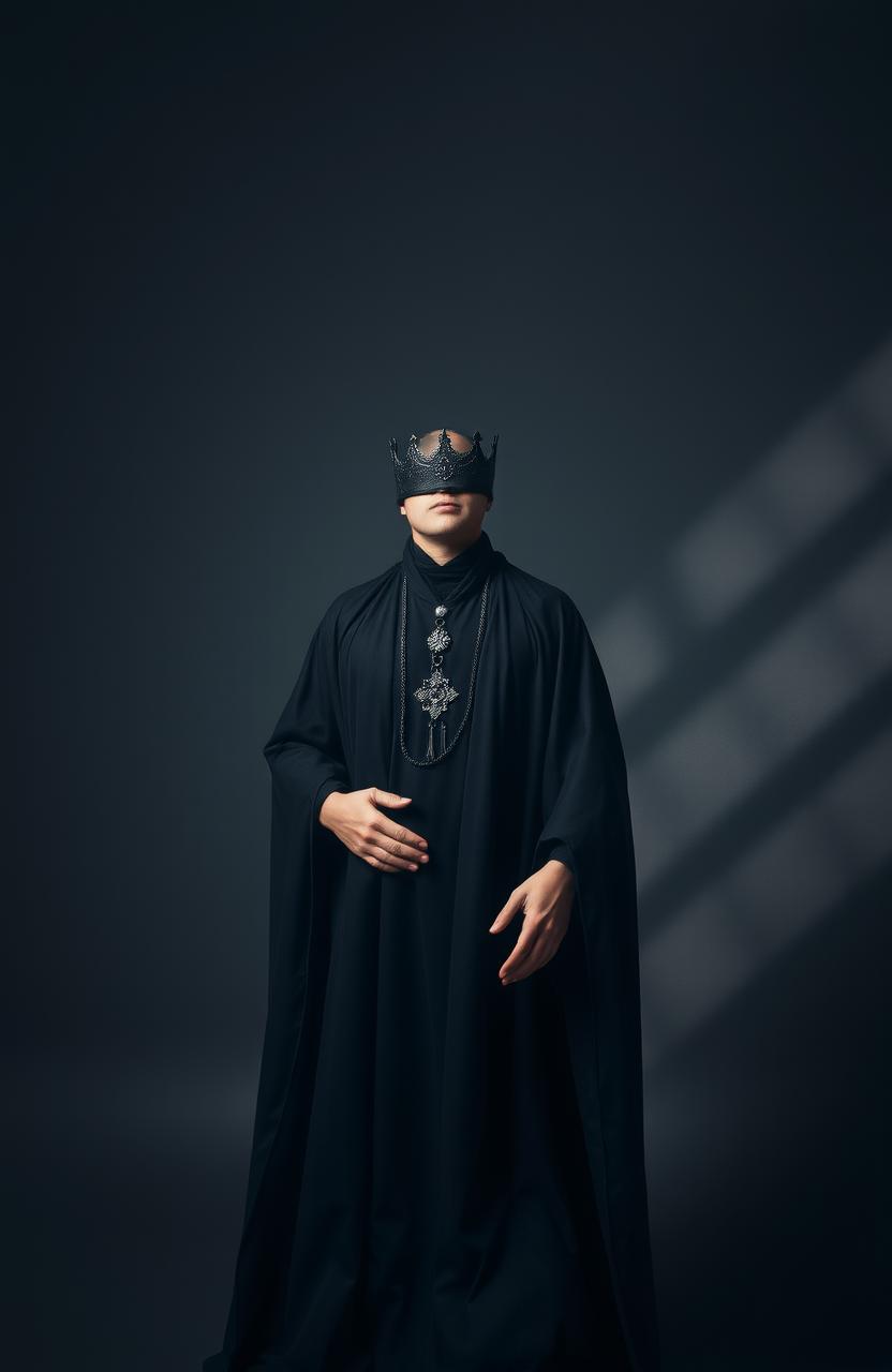 A surreal scene on a grey background featuring a headless man dressed in dark, flowing robes with a dark crown elegantly hanging around his neck