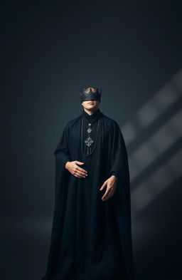 A surreal scene on a grey background featuring a headless man dressed in dark, flowing robes with a dark crown elegantly hanging around his neck