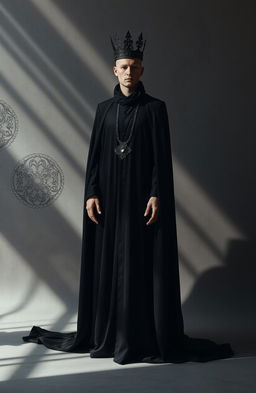 A surreal scene on a grey background featuring a headless man dressed in dark, flowing robes with a dark crown elegantly hanging around his neck