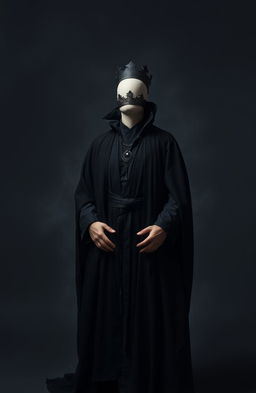 A surreal scene on a grey background featuring a headless man dressed in dark, flowing robes with a dark crown elegantly hanging around his neck