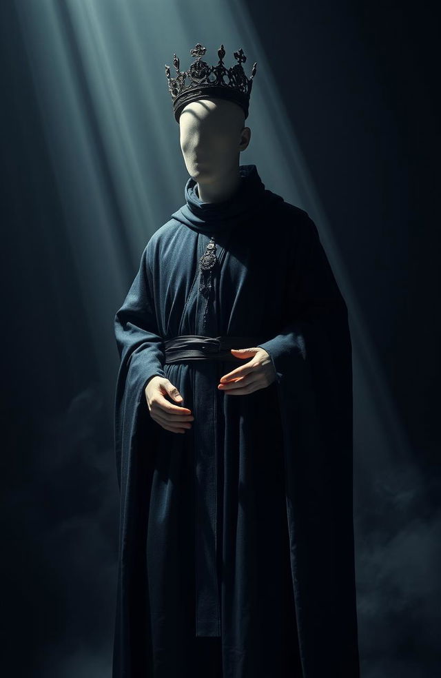 A surreal scene on a grey background featuring a headless man dressed in dark, flowing robes with a dark crown elegantly hanging around his neck