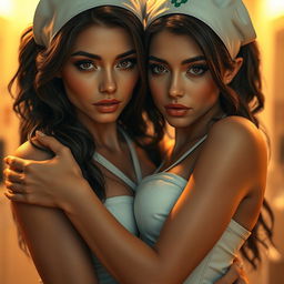Two sexy nurses in revealing outfits share an intimate hug, exuding a warm and sensual atmosphere