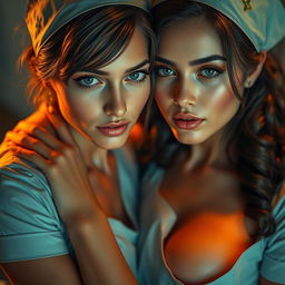 Two sexy nurses in revealing outfits share an intimate hug, exuding a warm and sensual atmosphere