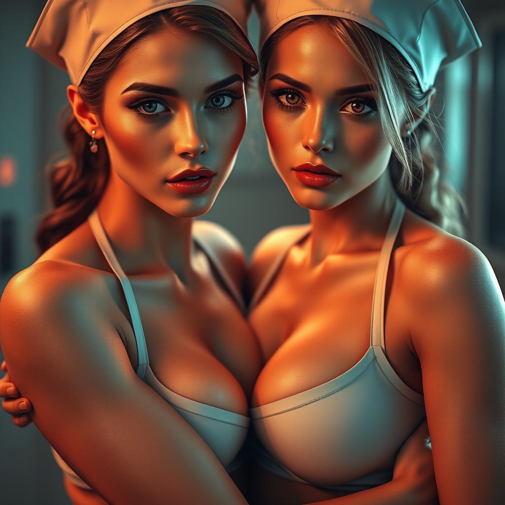 Two sexy nurses in revealing outfits share an intimate hug, exuding a warm and sensual atmosphere