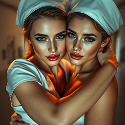 Two sexy nurses in revealing outfits share an intimate hug, exuding a warm and sensual atmosphere