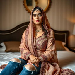 A stunning portrait of a 36-year-old woman, characterized by her natural beauty, sitting elegantly on a bed