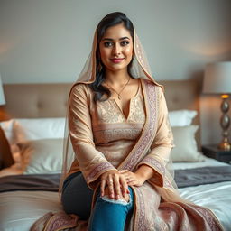 A stunning portrait of a 36-year-old woman, characterized by her natural beauty, sitting elegantly on a bed