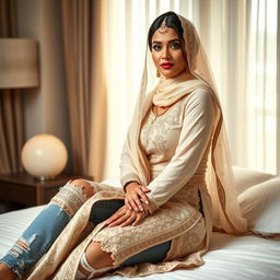 A stunning portrait of a 36-year-old woman, characterized by her natural beauty, sitting elegantly on a bed