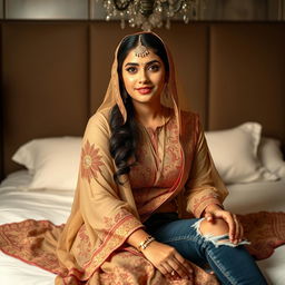 A stunning portrait of a 36-year-old woman, characterized by her natural beauty, sitting elegantly on a bed