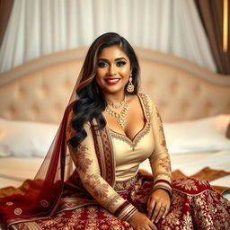 A captivating portrait of a 25-year-old woman, radiating beauty and confidence, as she sits gracefully on a bed