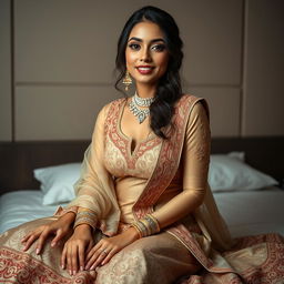 A captivating portrait of a 25-year-old woman, radiating beauty and confidence, as she sits gracefully on a bed