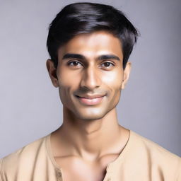 The young, lean Indian man, with fair skin and short, neat hair.