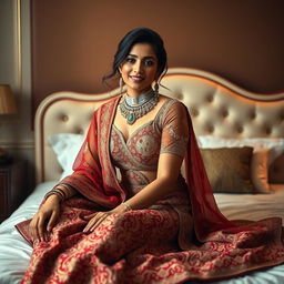 A captivating portrait of a 25-year-old woman, radiating beauty and confidence, as she sits gracefully on a bed