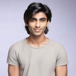 The young, lean Indian man, with fair skin and slightly longer, neat hair.