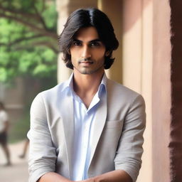 The young, lean Indian man, with fair skin and slightly longer, neat hair.