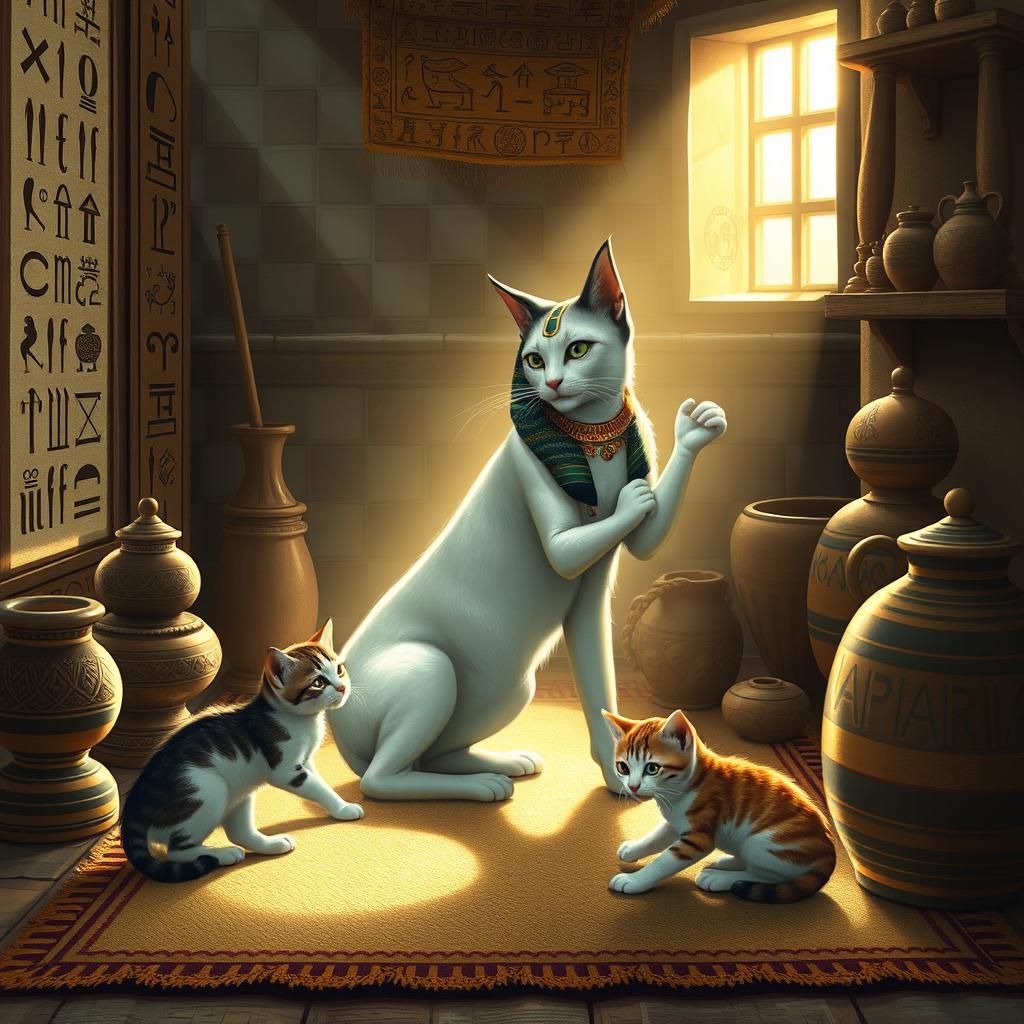 A serene depiction of Bastet, the ancient Egyptian goddess of childbirth and home, in her iconic form as a playful cat