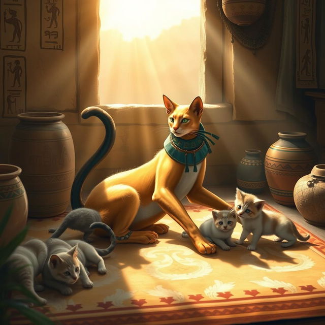 A serene depiction of Bastet, the ancient Egyptian goddess of childbirth and home, in her iconic form as a playful cat