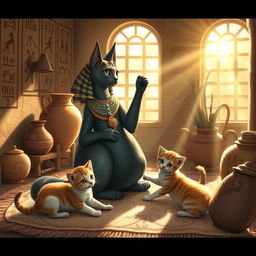 A serene depiction of Bastet, the ancient Egyptian goddess of childbirth and home, in her iconic form as a playful cat