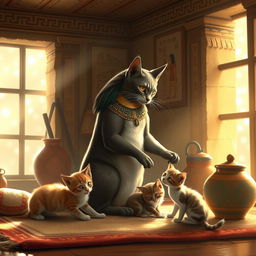 A serene depiction of Bastet, the ancient Egyptian goddess of childbirth and home, in her iconic form as a playful cat