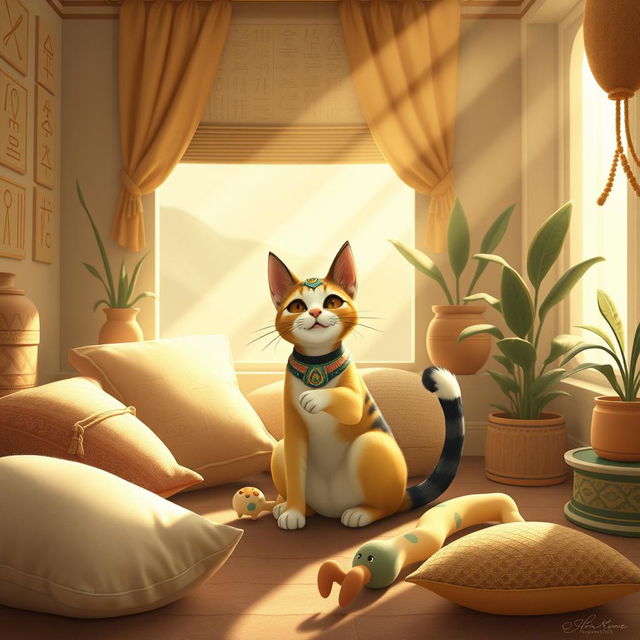 A gentle portrayal of Bastet, the goddess of childbirth and home, represented as a playful cat