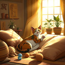 A gentle portrayal of Bastet, the goddess of childbirth and home, represented as a playful cat