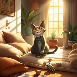 A gentle portrayal of Bastet, the goddess of childbirth and home, represented as a playful cat