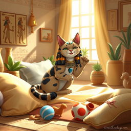 A gentle portrayal of Bastet, the goddess of childbirth and home, represented as a playful cat