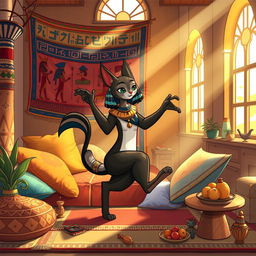 A charming illustration of Bastet, the Egyptian goddess of childbirth and home, embodying her playful feline form