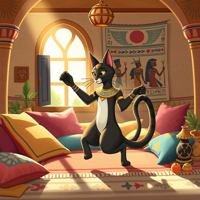 A charming illustration of Bastet, the Egyptian goddess of childbirth and home, embodying her playful feline form