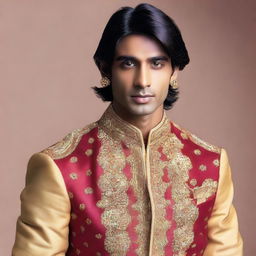 The young, lean Indian man, with fair skin, slightly longer neat hair, dressed in flamboyant Indian royal attire.