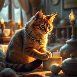 Bastet, the Egyptian goddess of birth, depicted in her cat form, playfully exploring around a cozy home