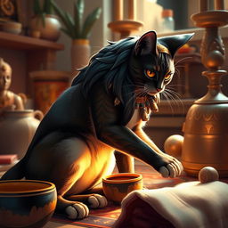 Bastet, the Egyptian goddess of birth, depicted in her cat form, playfully exploring around a cozy home
