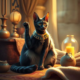 Bastet, the Egyptian goddess of birth, depicted in her cat form, playfully exploring around a cozy home