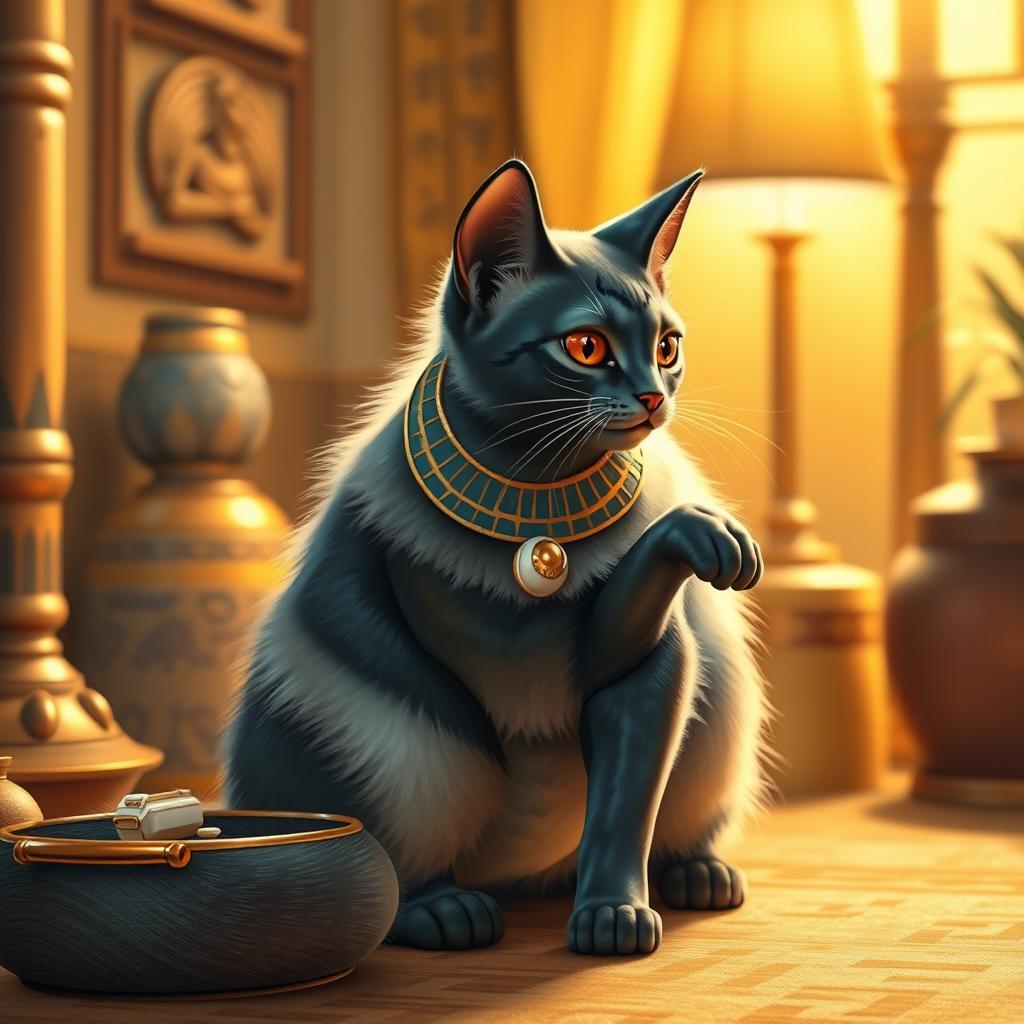 Bastet, the Egyptian goddess of birth, depicted in her cat form, playfully exploring around a cozy home