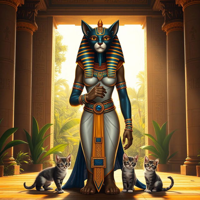 A majestic representation of Bastet, the Egyptian goddess, depicted as a powerful and elegant woman with the head of a lioness