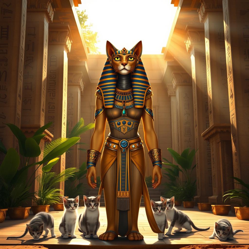 A majestic representation of Bastet, the Egyptian goddess, depicted as a powerful and elegant woman with the head of a lioness