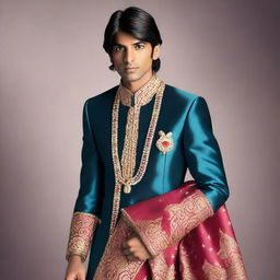 The young, lean Indian man, with fair skin, slightly longer neat hair, dressed in flamboyant Indian royal attire.