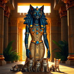 A majestic representation of Bastet, the Egyptian goddess, depicted as a powerful and elegant woman with the head of a lioness