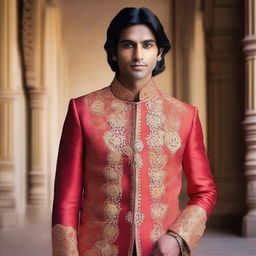 The young, lean Indian man, with fair skin, slightly longer neat hair, dressed in flamboyant Indian royal attire.