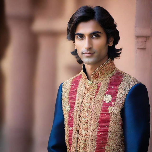 The young, lean Indian man, with fair skin, slightly longer neat hair, dressed in flamboyant Indian royal attire.