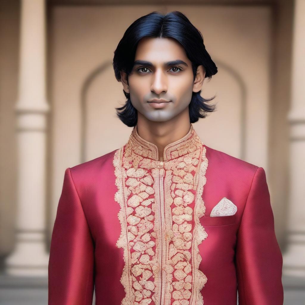 The young, lean Indian man, with fair skin, slightly longer neat hair, dressed in traditional, yet simplistic, Indian royal attire