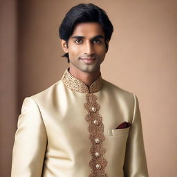 The young, lean Indian man, with fair skin, slightly longer neat hair, dressed in traditional, yet simplistic, Indian royal attire