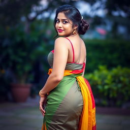 A beautiful and attractive woman with a curvy figure and a prominent big butt, wearing a vibrant and colorful saari that enhances her natural beauty