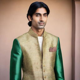 The young, lean Indian man, with fair skin, slightly longer neat hair, dressed in traditional, yet simplistic, Indian royal attire