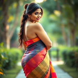 A beautiful and attractive woman with a curvy figure and a prominent big butt, wearing a vibrant and colorful saari that enhances her natural beauty