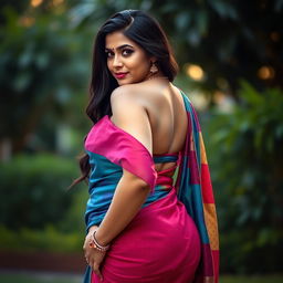 A beautiful and attractive woman with a curvy figure and a prominent big butt, wearing a vibrant and colorful saari that enhances her natural beauty